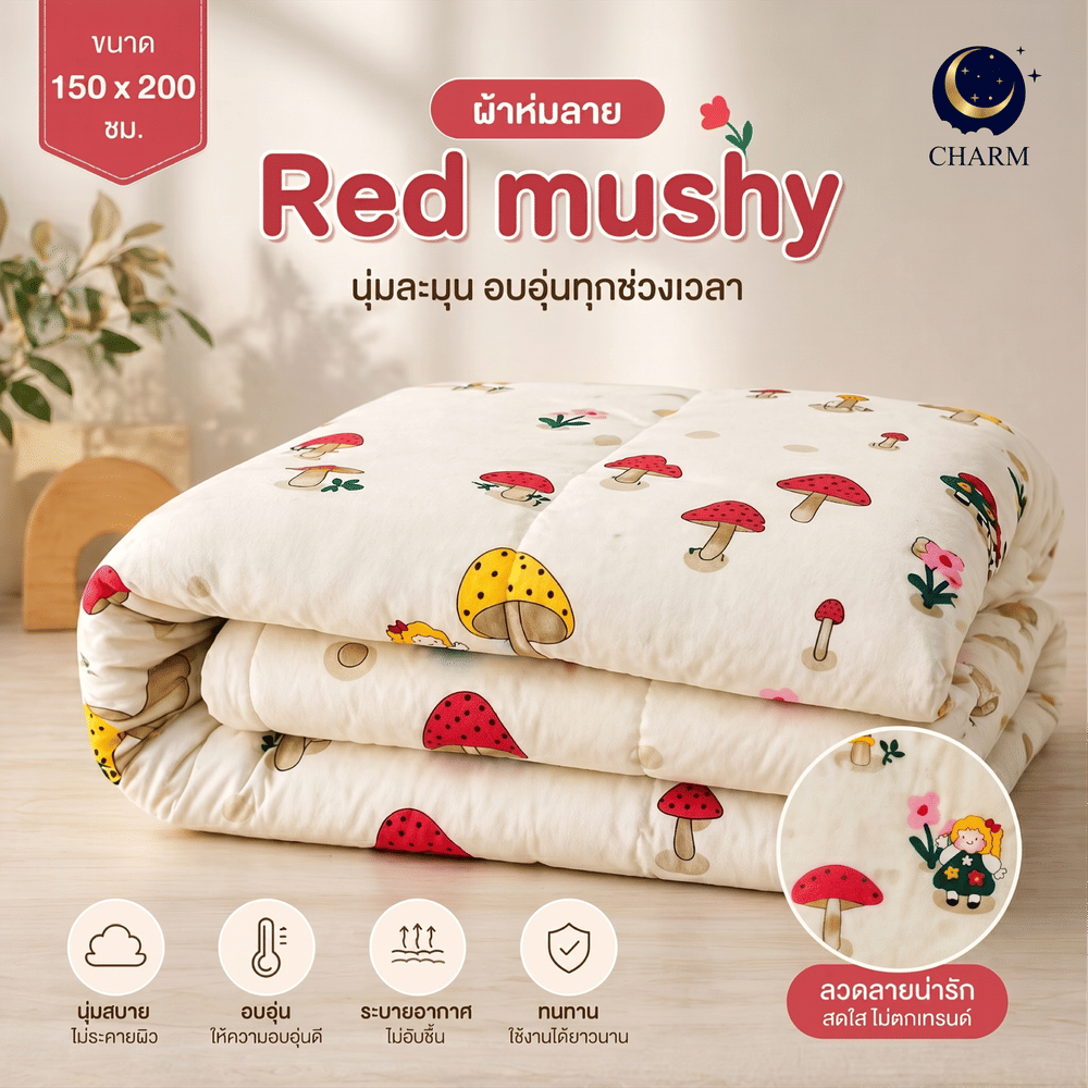ผ้าห่มนวม CHARM คอลเลคชั่น DREAMY 5 FT SIZE 160×210 ซม. ลาย LUMI MUSHROOM_2